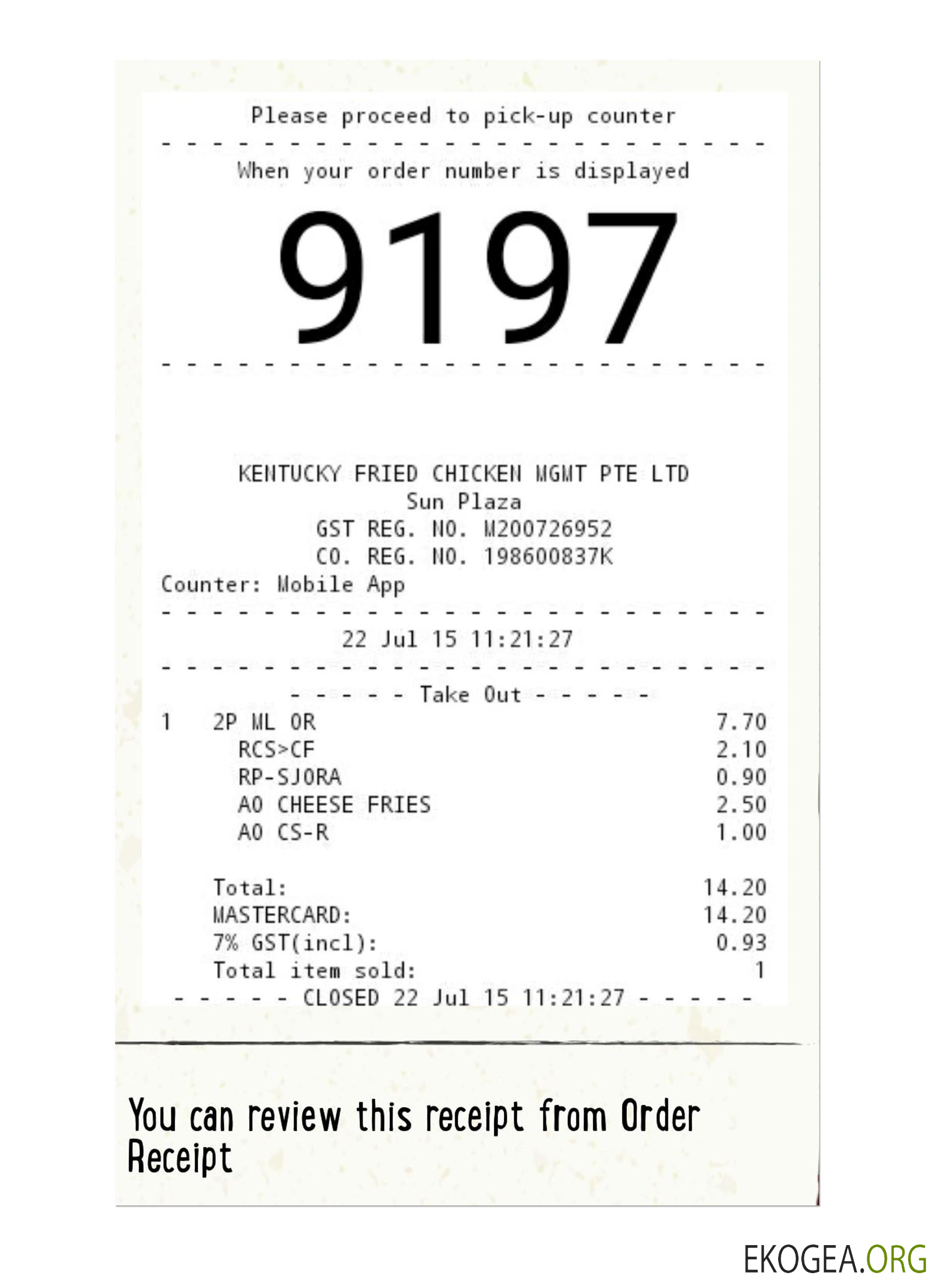 Chèque de paiement KFC